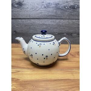 VTG Bolesławiec Polish Pottery Teapot Hand Painted Floral Polka Dot Stoneware